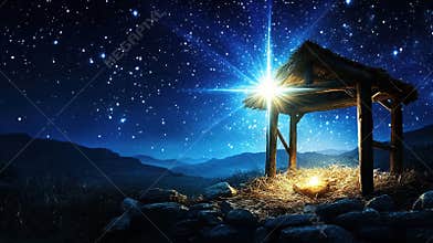 Bethlehem Night Starry Sky Illuminates Rustic Manger in Peaceful Nativity Scene with Glowing Light