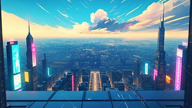 Futuristic Data Center Overlooking Cityscape at sunset ai generative