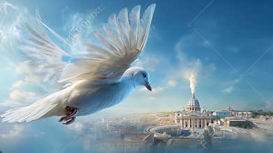 Pure white dove spreads its wings in flight above Vatican as white smoke rises, symbolizing blessing of newly elected