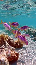 Colorful tropical goatfish swimming in turquoise ocean waters near a coral reef during a sunny day in a natural