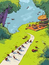 Ants Joyfully Marching Along a Path Toward a Picnic Spread Filled With Treats and Delicious Food in a Playful Comic