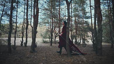 Fairy tale Gothic scared girl running away in dark foggy nature forest trees, velvet red long medieval old style dress
