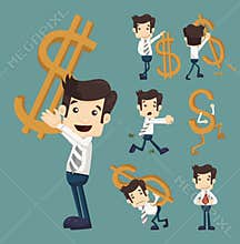 Set of businessman with dollar sign characters poses