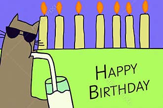 Cool cat wearing sunglasses drinking milk with birthday candles and happy birthday text