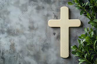 On a textured background, a wooden cross and an olive branch are positioned, making it perfect for religious themes