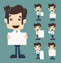 Set of businessman holding blank notes characters poses