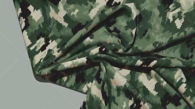 Close-up of green camo textile, showcasing intricate patterns and textures in a soft fabric.