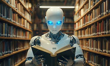 Robot reading book in library surrounded by shelves of books and knowledge