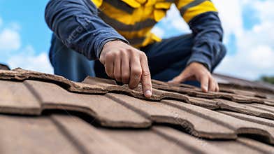Construction worker inspecting damaged roof tile edge, checking structural integrity during quality control review at building