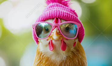 Funny chicken wearing pink hat and glasses with a playful expression