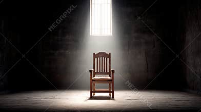 Dark wooden throne bathed in singular light beam piercing through barred window, casting dramatic shadows across ancient chamber