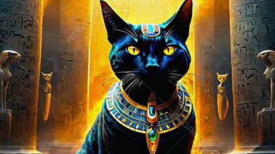 Golden Egyptian magical divine cat, cat in the temple of the Egyptian goddess Bastet