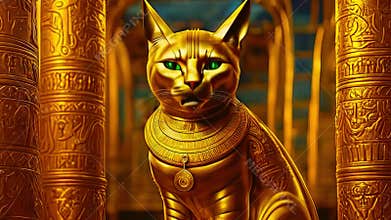 Golden Egyptian magical divine cat, cat in the temple of the Egyptian goddess Bastet