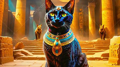 Golden Egyptian magical divine cat, cat in the temple of the Egyptian goddess Bastet