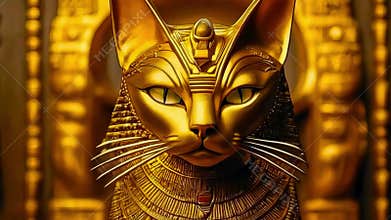 Golden Egyptian magical divine cat, cat in the temple of the Egyptian goddess Bastet.