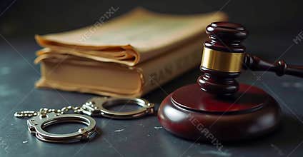 Judicial Gavel and Handcuffs on a Dark Surface