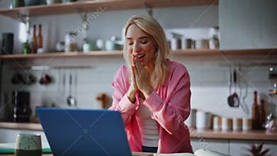 Overjoyed online student rejoicing test result at computer closeup. Happy lady