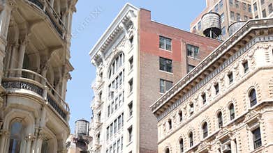 New York City Broadway, Manhattan midtown building corner architecture. Residential house exterior.