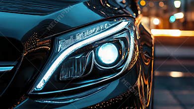 A detailed view of a car's headlights shining brightly at night, useful for dark or nighttime scenes