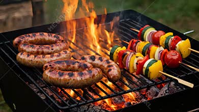 Grilled Sausages and Vegetables on a Flaming Grill Outdoor Food Photography