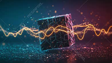 Abstract Metallic Cube with Glowing Orange Wave Effect on Dark Blue Background