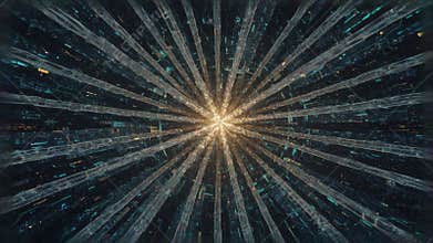 Abstract Radial Burst of Light Golden Center Shimmering Lines Against Dark Background