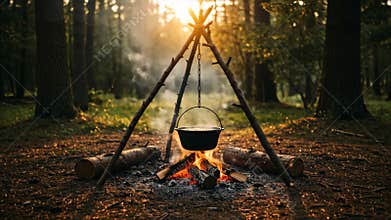 Cooking Pot Hung Over Campfire In Woodland During Golden Hour Sunshine Warmth