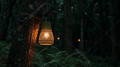 Glowing Woven Lanterns Hanging from Trees in Dark Forest at Night