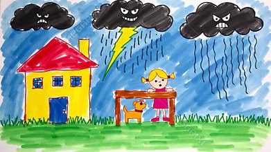 Crayon drawing of a storm with lightning, a child and dog hiding under a table during a rainy day, featuring dark clouds