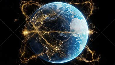 Blue Earth Globe with Golden Light Network in Dark Background Space