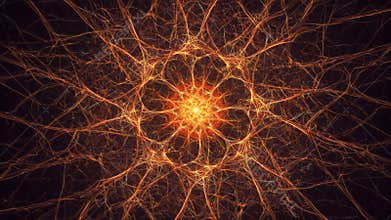 Intricate Orange Fractal Art on Black Backdrop with Glowing Central Light and Radial