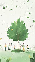 A group of people around a tree planting and cleaning leaves illustration