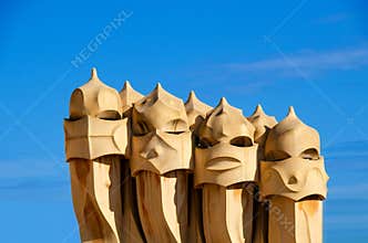 Chimneys on rooftop of Gaudi\'s masterpiece Casa Batlo