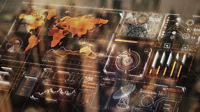 Global surveillance system monitoring world map with futuristic HUD interface
