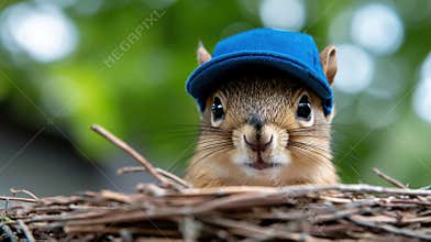 A curious squirrel wearing a blue baseball cap.
