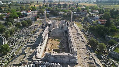 Aerial descent over Apollo temple ruins in Didyma, Turkiye