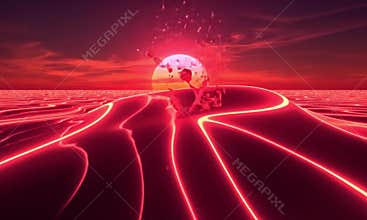 Futuristic neon landscape with liquid volcanic surface and digital sunset