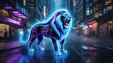 Neon blue lion in a futuristic city.