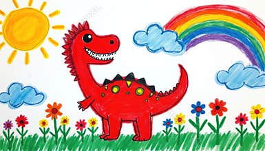 Child drawing of red dinosaur smiling with big teeth. The dinosaur has big eyes standing in field of flowers under rainbow.