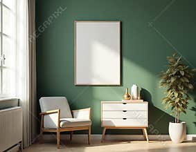 Modern living room interior design with mock-up poster frame. Comfortable armchair near window, chest of drawers, green wall,