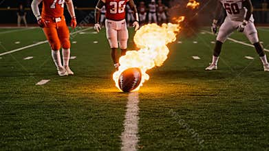Football on fire on field with action players in the background