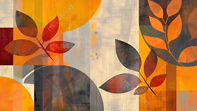 Autumn Abstract Art with Geometric Shapes and Organic Leaf Patterns in Vibrant Oranges, Yellows, and Reds