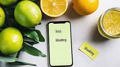 Citrus fruits surrounding smartphone screen displaying bloating reduction, representing wellness and nutritional cleansing