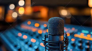 Close-up of a professional microphone in a dimly lit recording studio, symbolizing podcasting, music, and broadcasting