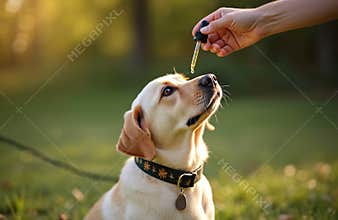 Woman gives dog CBD hemp oil using dropper. Pet medicine treatment concept. Alternative medicine for animals. Cannabis oil for