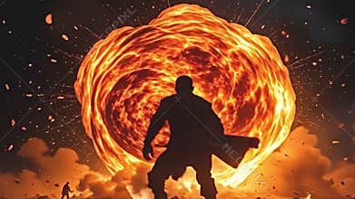 striking powerhouse detonation, dazzling fire foam and debris, Generative AI