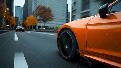Fast cars drive on urban road during dusk, showcasing dynamic motion and sleek design of vehicles in city environment