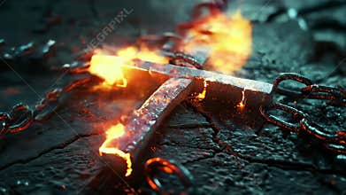 A Dramatic Visual of a Fiery Cross with Chains, Symbolizing Struggle and Redemption