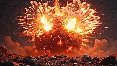 a celestial sphere in mid-explosion, bursts of fiery gases and Generative AI