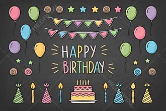 Colorful happy birthday chalkboard illustration with balloons, cake, candles, and bunting